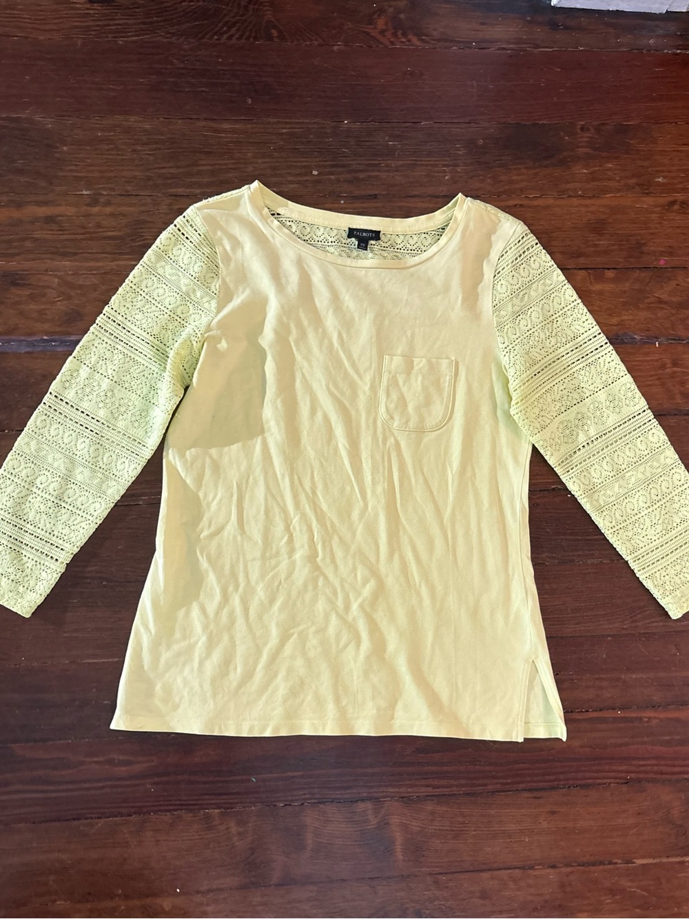 Talbots yellow lace sleeve soft top shirt size XS